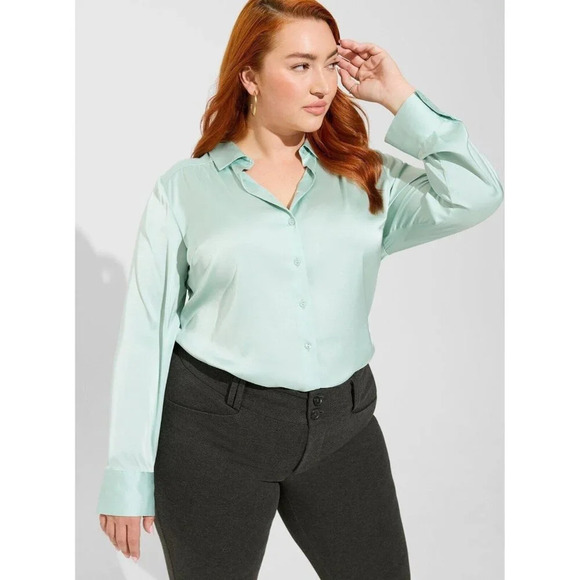 Torrid Blouse Size 0X Satin Button‎ Down Long Sleeve Easter Top Pastel Green - Picture 7 of 10